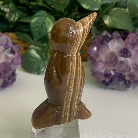 Banded Brown Aragonite Crystal Carved Bird Figurine Calcite Penguin Carving 3.5" - Picture 11 of 16